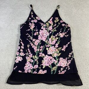 Womens Black Floral Print Cami Tank Top Layered Ruffle Mesh Size Medium